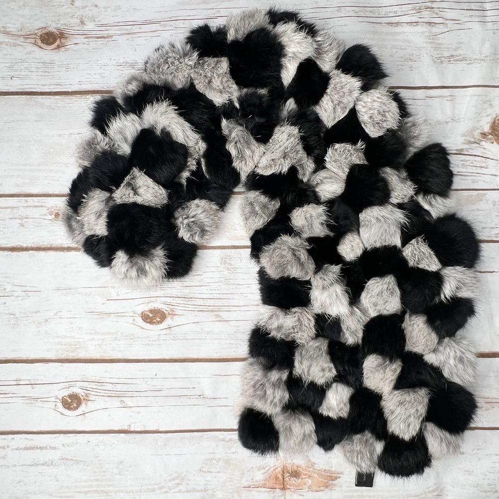 Cejon Rabbit Fur Black and Grey Checkered Genuine Pom-Pom Scarf - One Size
